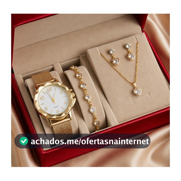 Relógio Feminino+ Kit Colar Brincos Pulseira Folheado A Ouro