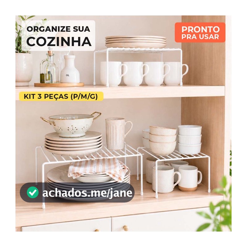 Kit Organizador de Armário 3 Peças P/M/G Suporte para Pratos e Xícaras Organizador Cozinha Multiuso