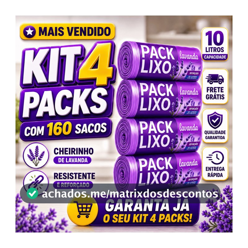 Kit 4 Rolos Sacos de Lixo 10L 160 Unidades Perfumado Cheiroso Lavanda Tira Odores Pia Banheiro