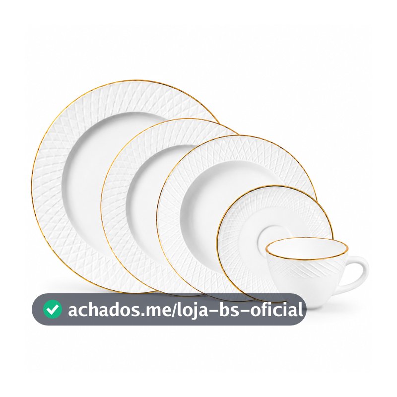 Aparelho de Jantar 20 Peças Jogo de Pratos e Xícaras Opaline Borda Dourada Hauskraft