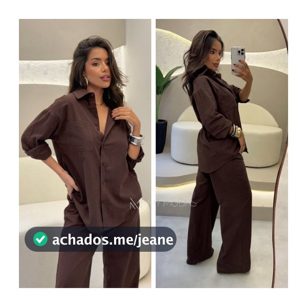 Conjunto Feminino Camisa e Calça Pantalona Linho Elegante Social Alfaiataria Manga Longa Casual