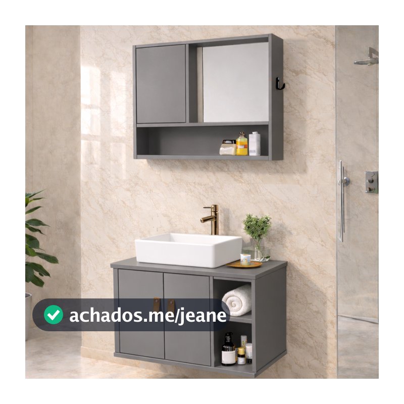 Conjunto Gabinete de Banheiro e Espelheira com Espelho e Nichos Sem Cuba