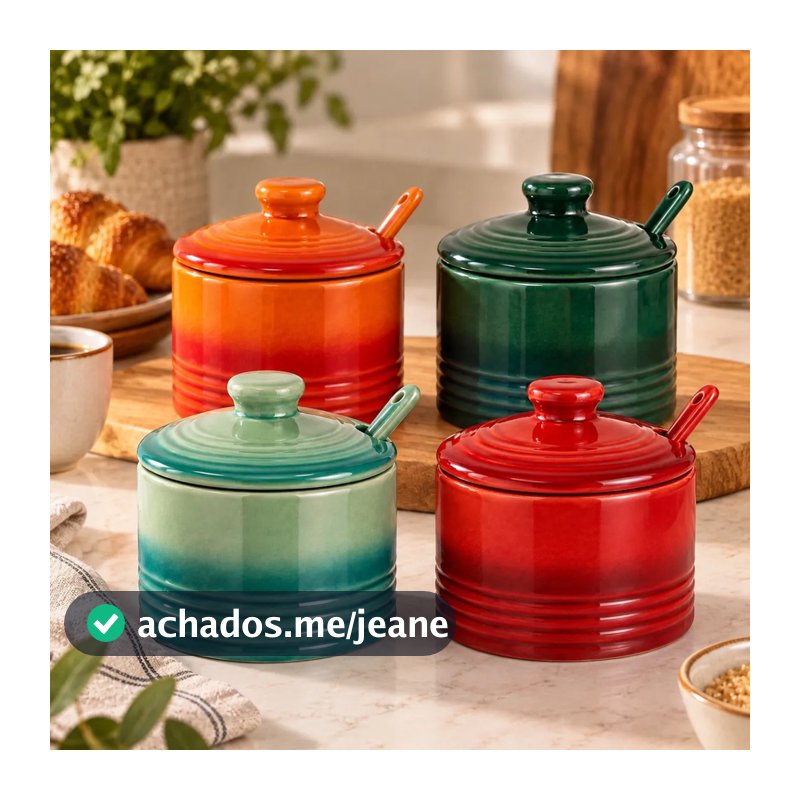 Açucareiro Lechef 200ml Saleiro Cerâmica Tampa Com Colher