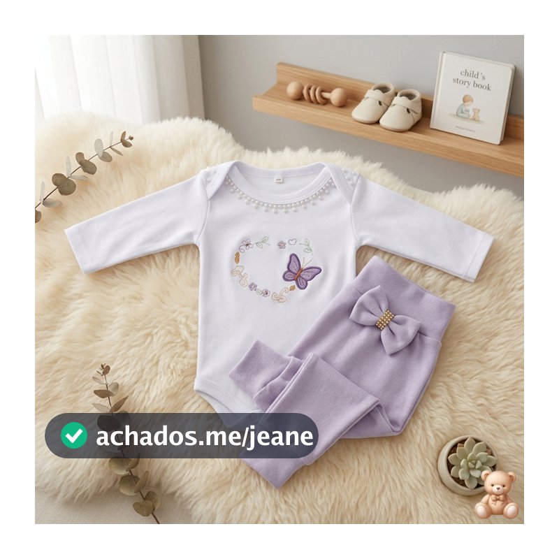 Conjunto Bebê Menina Bordado Body Manga Longa com Calça e Laço Gomes Baby