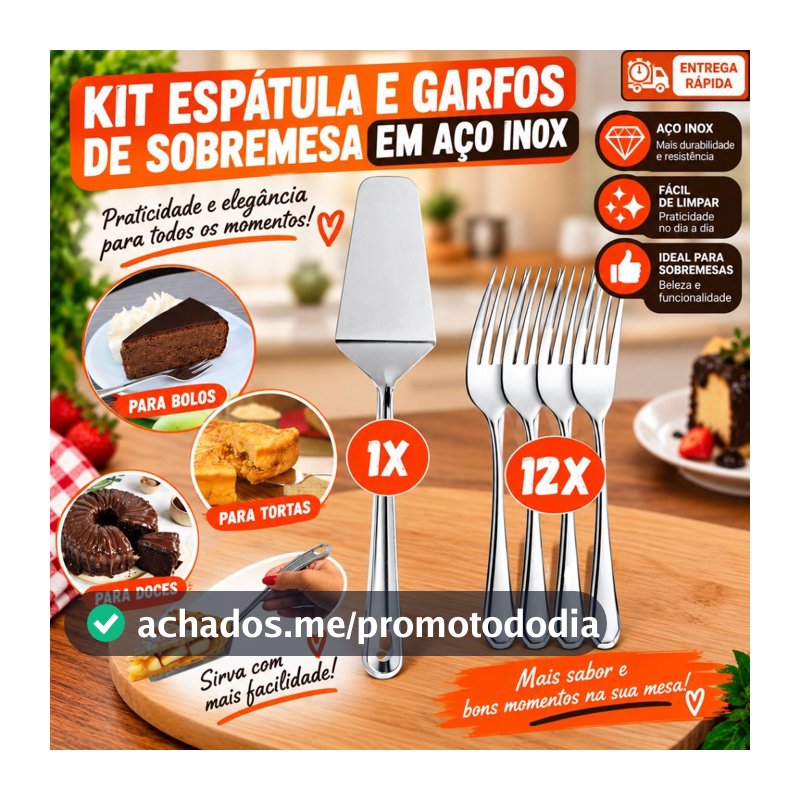 Kit para Bolo e Torta Espátula + Garfo de Sobremesa Aço Inox para Cortar e Servir