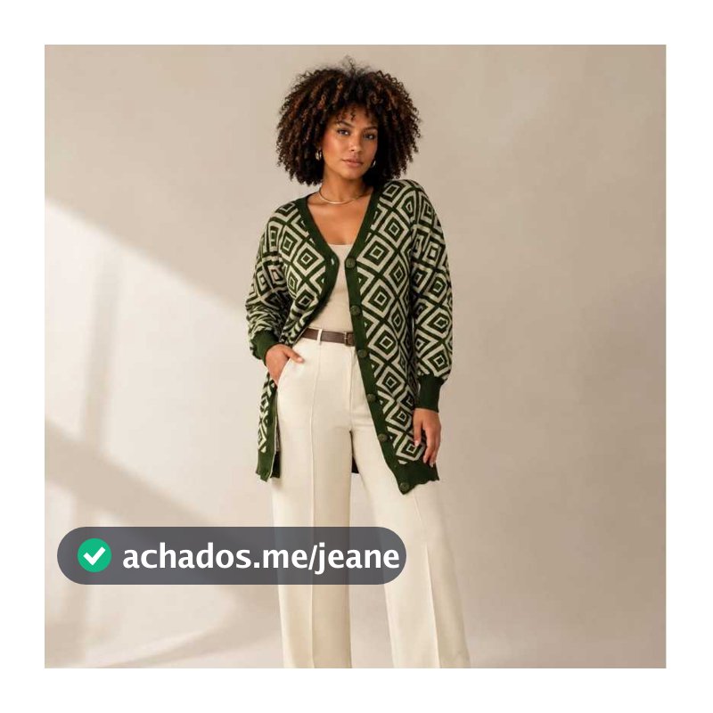 Cardigan Tricô Alongado Losango Manga Longa Inverno Sobre Tudo Feminino