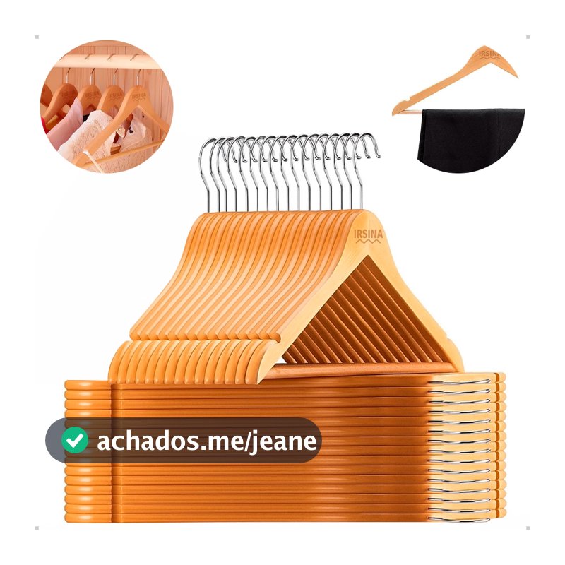 KIT Cabides de Madeira Roupas Antiderrapante Natural Marfim Gancho de Metal
