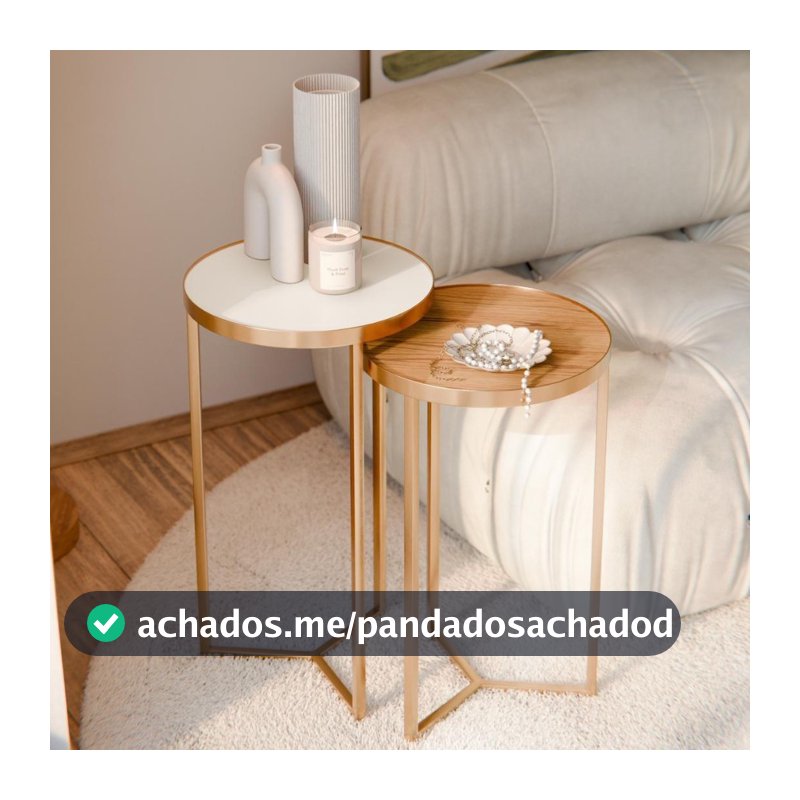 Kit 2 Mesas Apoio Lateral Canto de Sala para Decoração - Metal Dourada Tampo Off White e Cinamomo