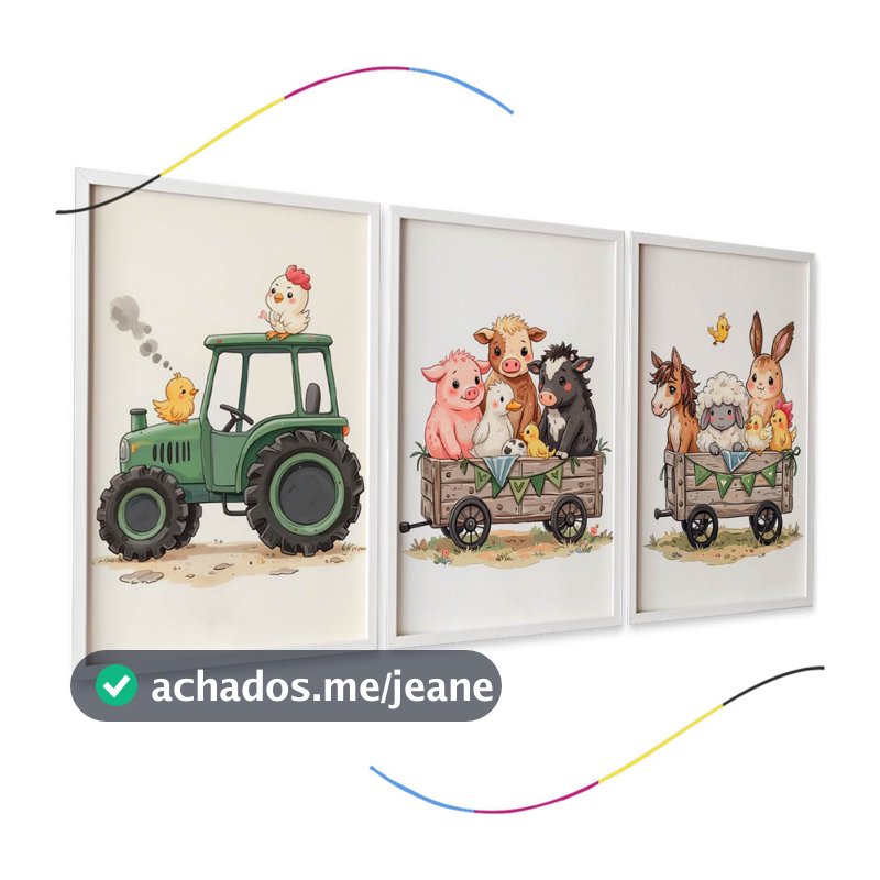 Conjunto de 3 Quadros Decorativos Infantis, Tema Fazendinha com Trator e Animais, Aquarela