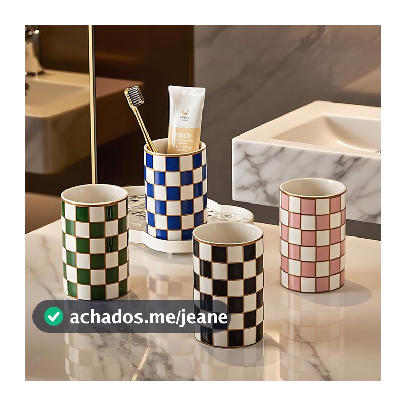 Copo Cerâmico Xadrez Elegante Para Enxaguatório Bucal , Escova De Dentes Do Banheiro E Rack De Armazenamento De Pasta De