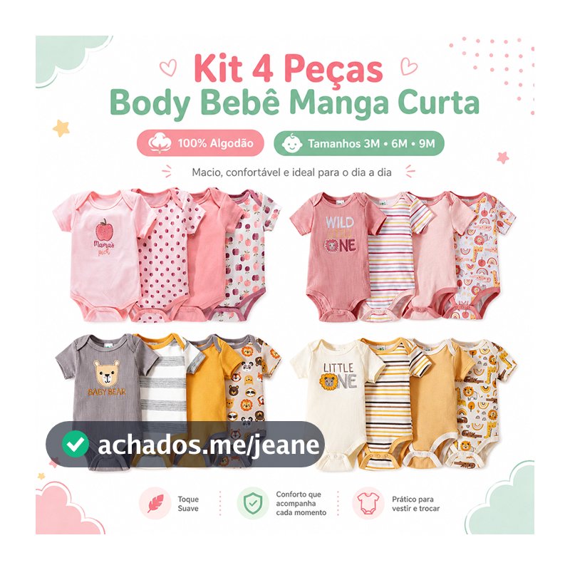 Payifang Kit Body Bebê Menina e Body Bebe Menino 4 Peças 100% Algodão Manga Curta Estampado