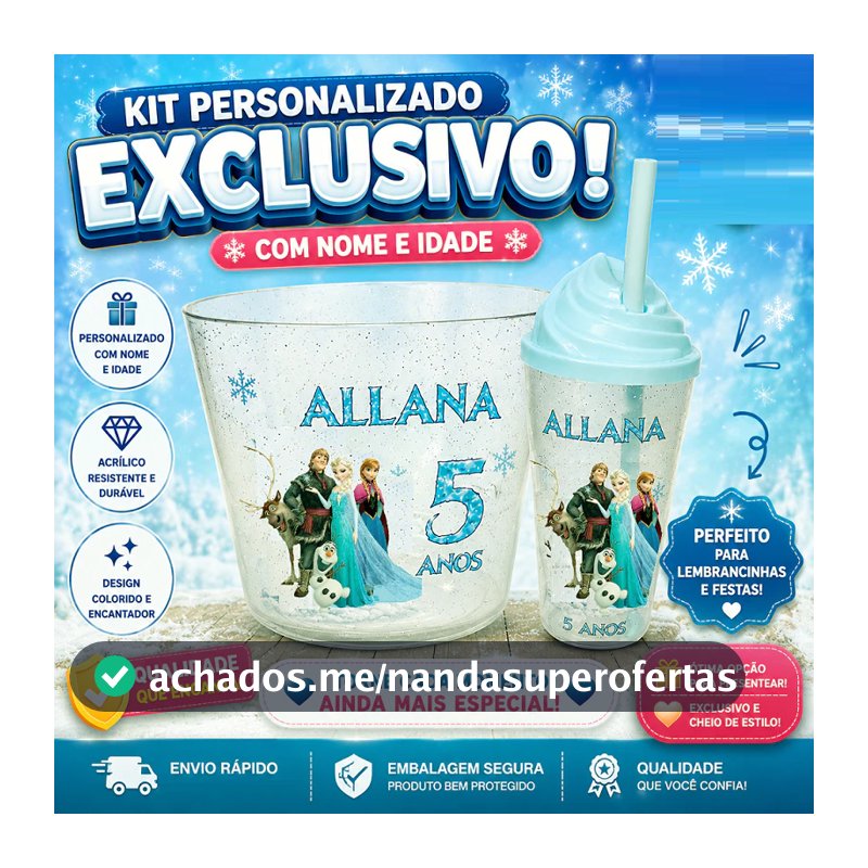 KIT Copos 300ml com Tampas e Baldes Pipoca 1,5l Personalizados Frozen