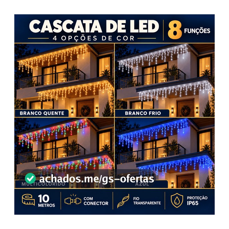10m Cascata 400 Led 8 Funções Decoração Natal 110v 220v Conexão Macho Branco Frio Quente Pisca Pisca Enfeites de Natal