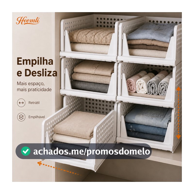 Cesto Organizador Dobrável Empilhável para Guarda-Roupa com Acesso Deslizante Heemli