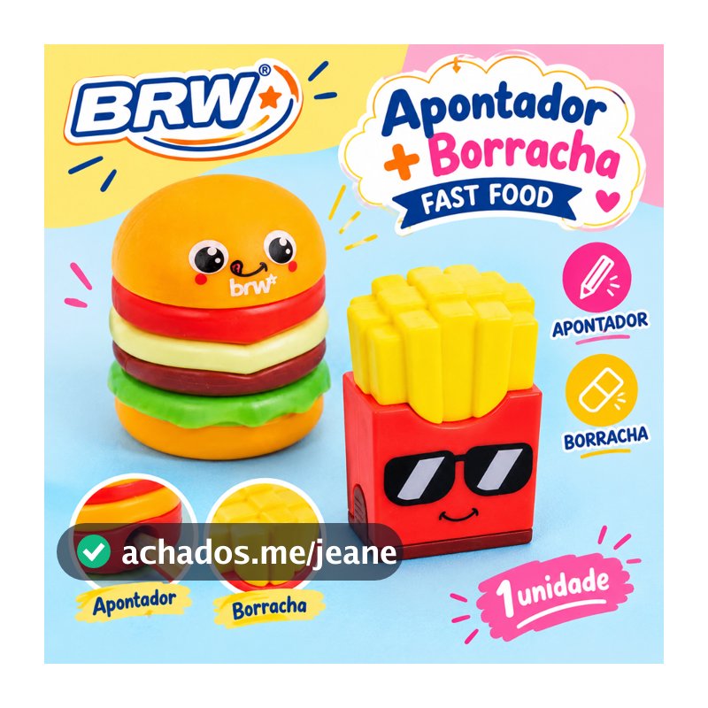 Apontador Hambúrguer Fast Food BRW com Borracha Escolar Divertido Unidade