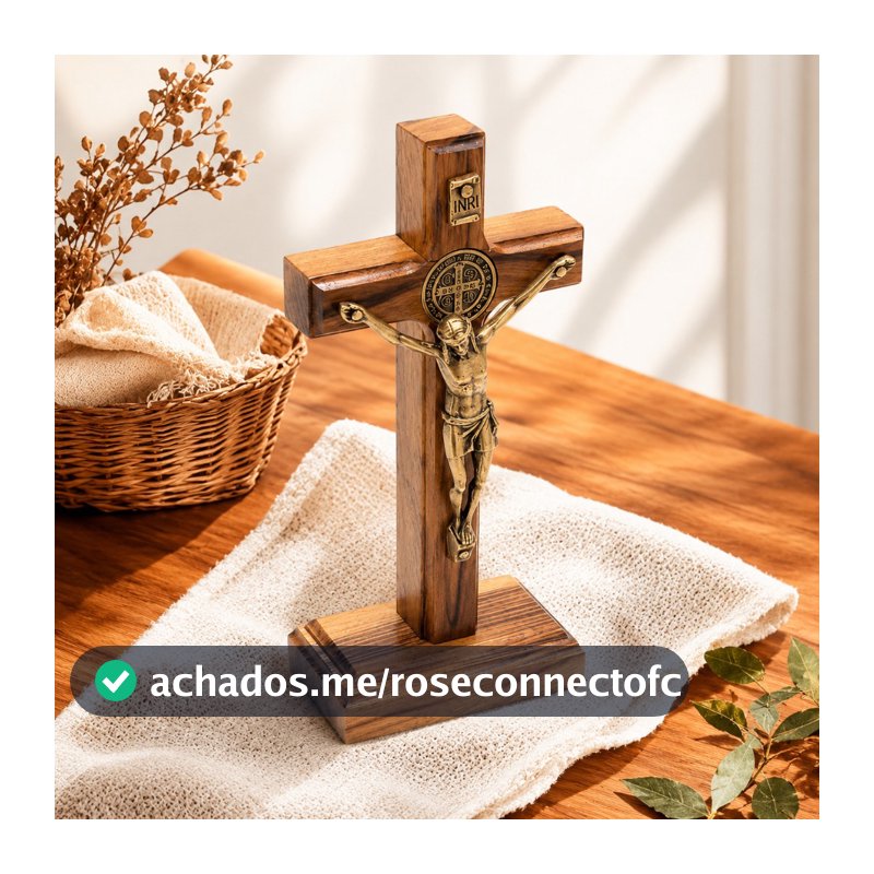 Crucifixo de Madeira com Medalha de São Bento para Mesa e Parede 9 cm 12 cm 17 cm