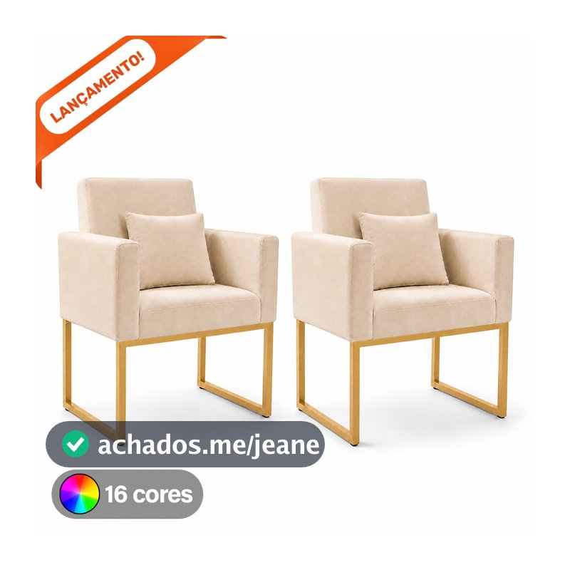 Kit 2 Poltrona Decorativa Para Sala Nina Base de Ferro Dourada Com ou Sem Almofada Aninha Decor
