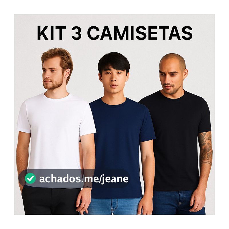 Kit 3 Camisetas Básicas 100% Algodão Lisa Masculina  KB201-K3