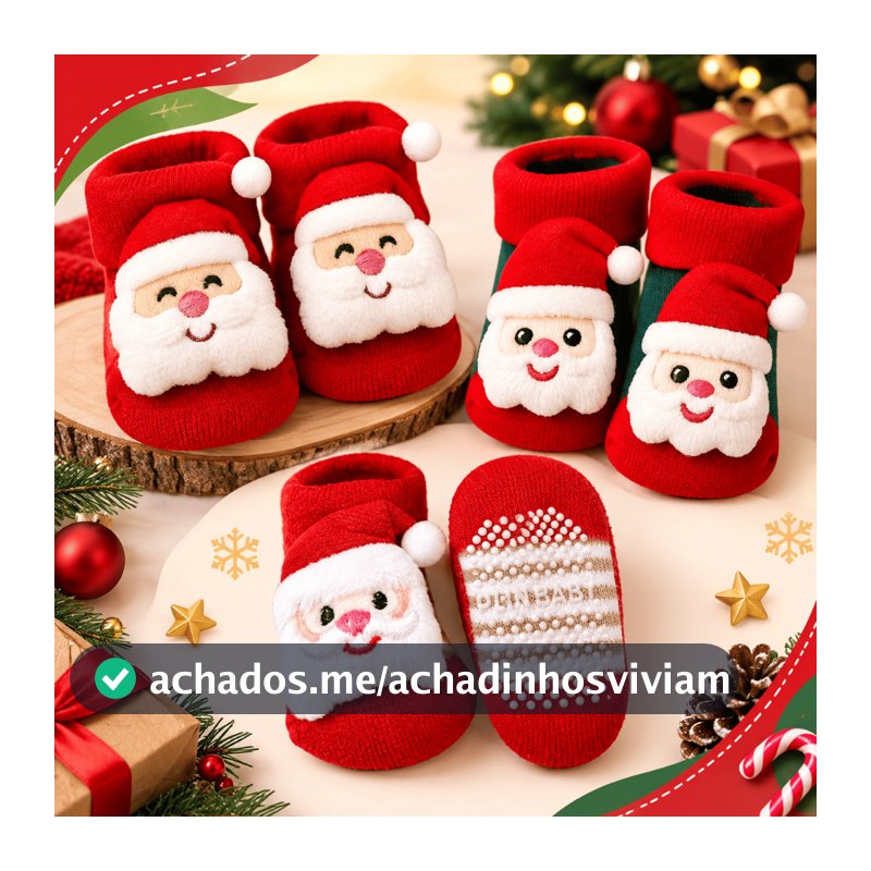 Meia Bebê Antiderrapante 0 a 12 Meses 3D Papai Noel Infantil Natal Plin Baby