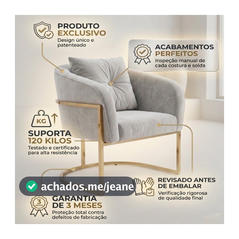 Poltrona Luca de Veludo Com Base de Metal Decorativa Para Sala, Salão, Quarto, Escritório, Recepção