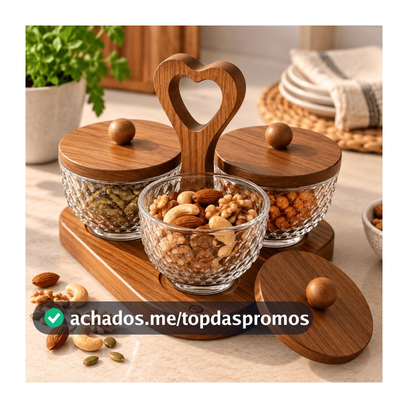Petisqueira 3 Potes de Vidro com Tampa de Bambu e Bandeja Organizadora