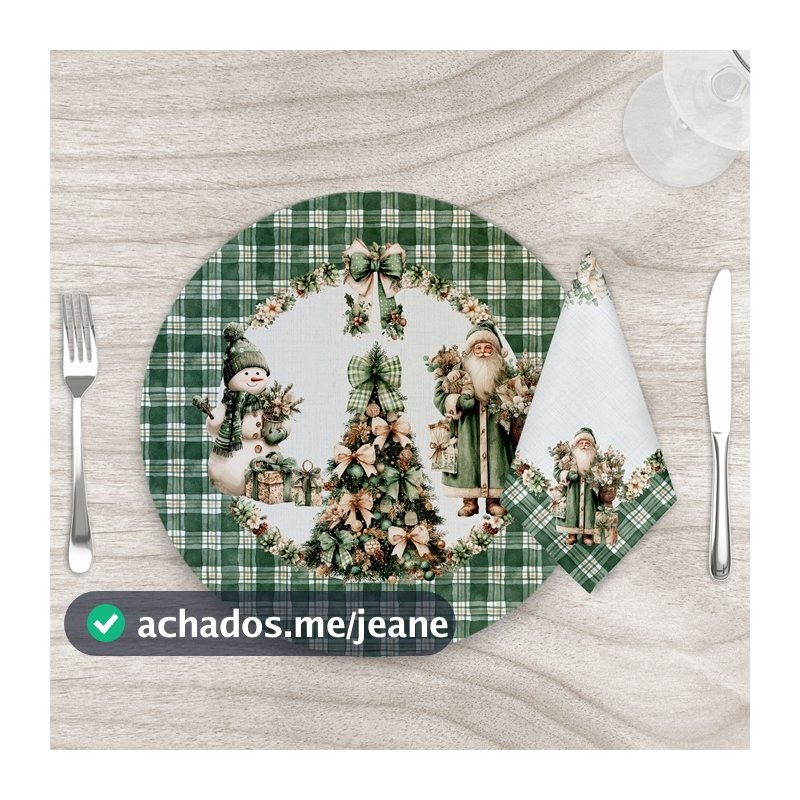 Kit Capa Sousplat + Guardanapo Noel Xadrez Verde - Conjunto para Mesa Posta Natal