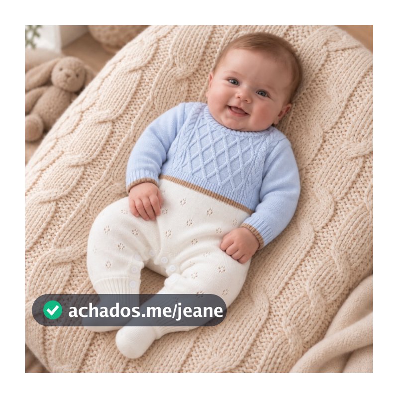 Macacão Tricô Bebê RN com Blusa Saída Maternidade Recém-Nascido Enxoval Infantil Manga Longa
