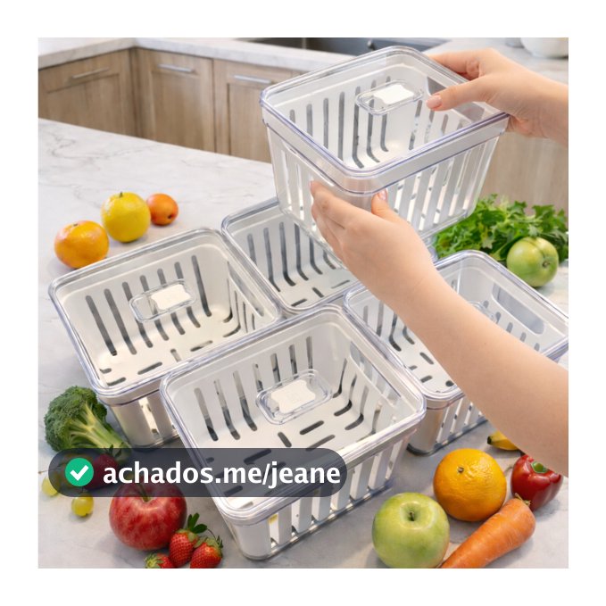Kit Organizador de Geladeira 3,8 Litros Cesto Com Tampa Multiuso Alimentos Verduras e Vegetais