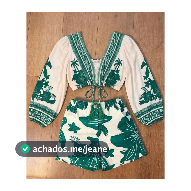 Conjunto feminino cropped pompom manga longa viscose com short de sarja estampado em algodão