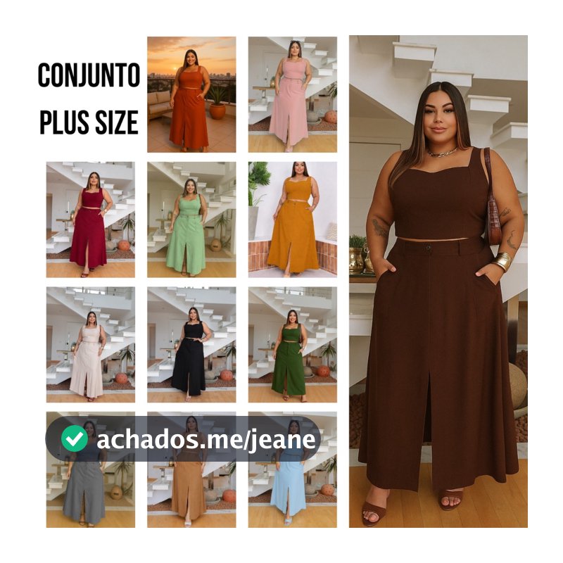 Conjunto Plus Size Feminino 2 Peças–Saia Longa com Abertura Frontal e Cropped com Elástico Elegante