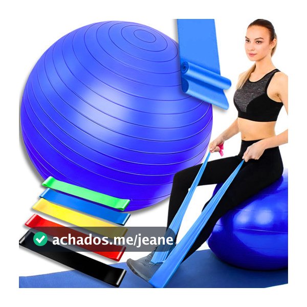 Kit Bola de Pilates 65cm Fisioterapia + 5 Elástico para Exercícios Mini Band + Faixa Elástica Treino