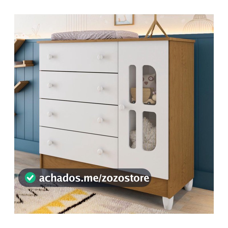 Cômoda Infantil 4 Gavetas com Porta Fraldário Gabrielle 100% MDF Branco Bétula