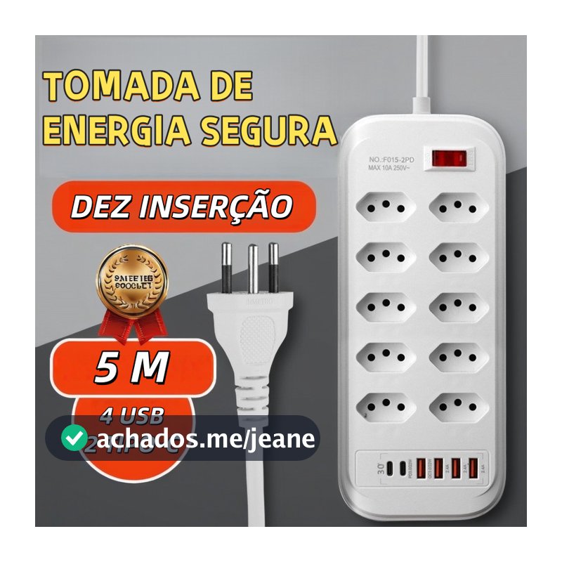 Extensão Elétrica Com Cabo 10 Tomadas Régua 4 USB 2 tipo-c