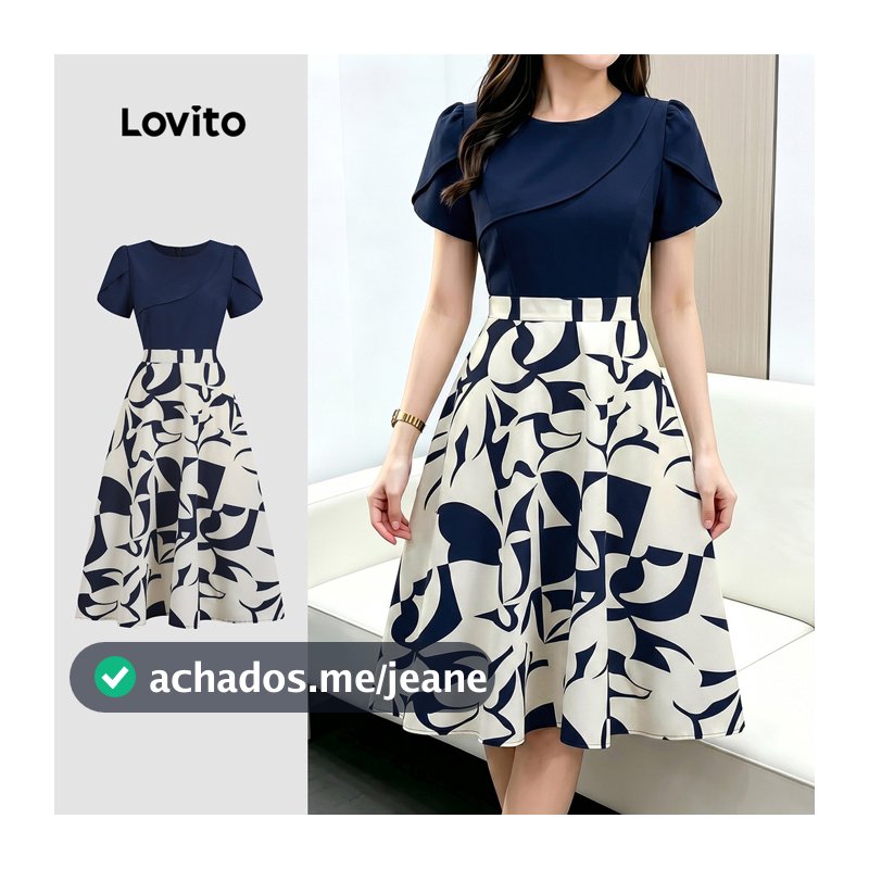 Lovito Vestido Elegante com Estampa Lazer e Trabalho Vestido de Primavera/verão para mulheres L195AD316