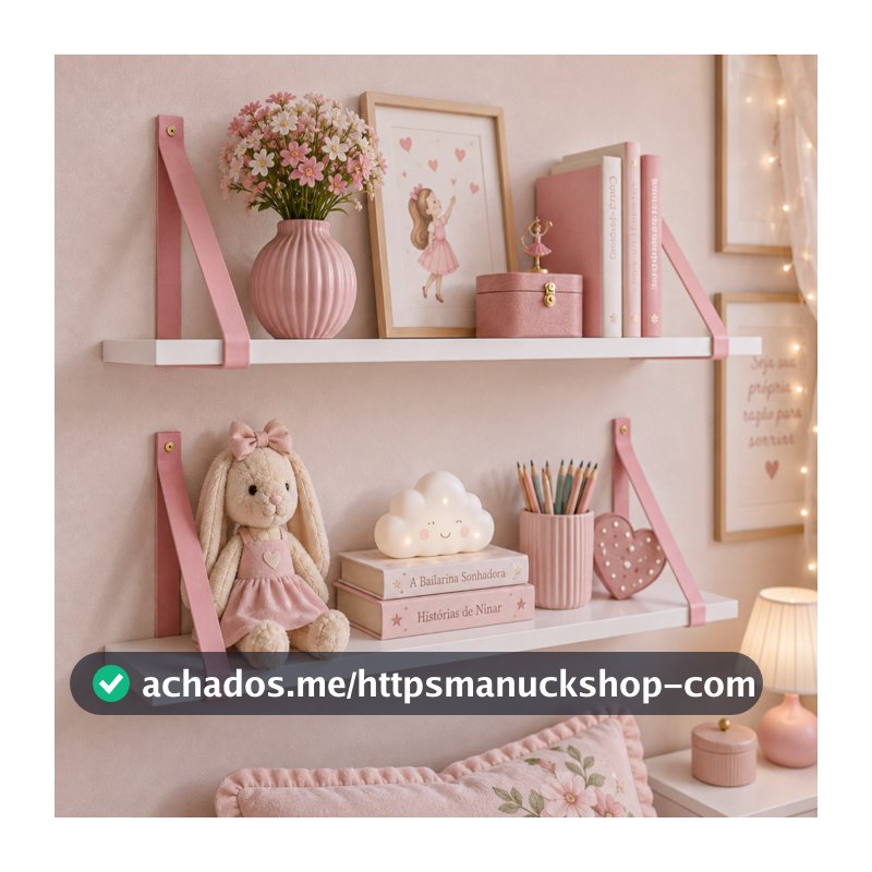 Kit 2 Prateleiras MDF Branco Premium 60x20 alças em couro rosa Decoração Quarto Infantil Organizador