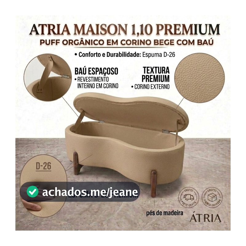 Puff Baú Atria Maison 1,10m Premium Corino Bege Banco Decorativo Organizador