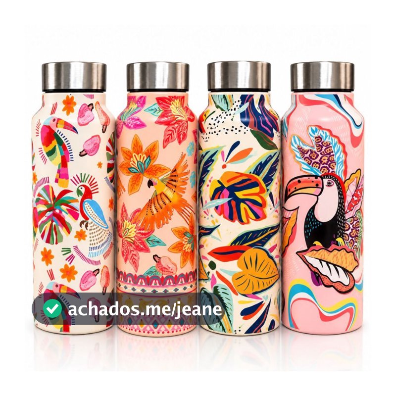 Garrafa de Água Aço Inox Estampada Tropical 800ml Estilo Farm