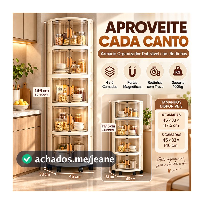 Armário Organizador de Canto Dobrável Multiuso com Rodinhas para Cozinha e Lavanderia 4 ou 5 Camadas