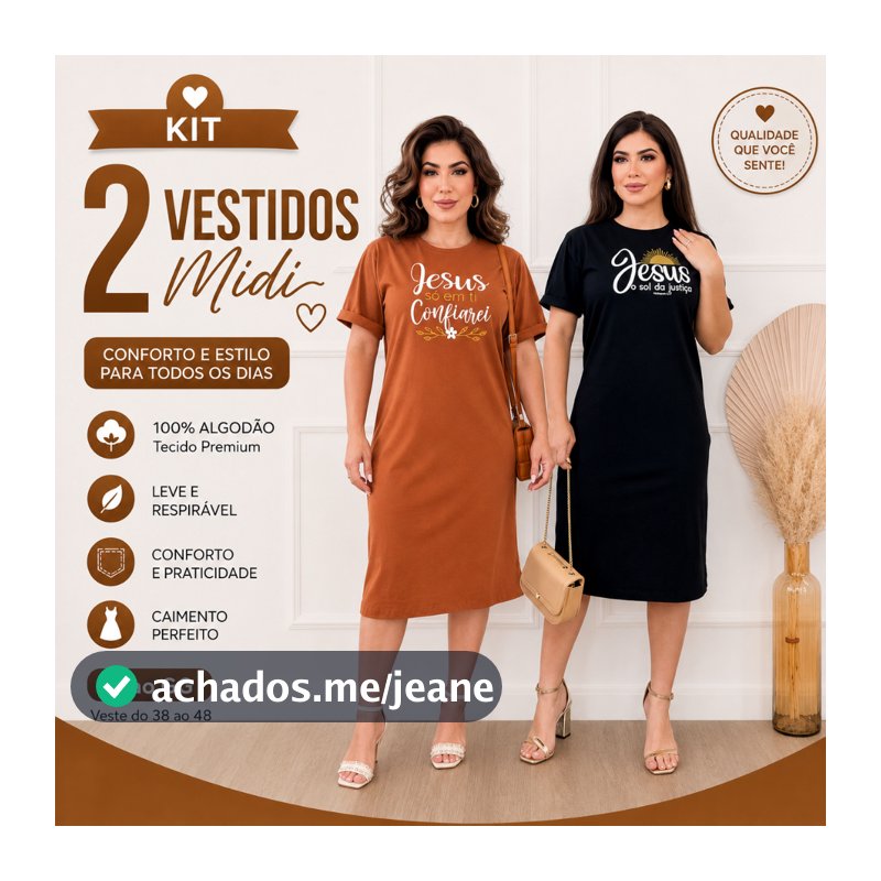 Kit 2 ou 1 Vestidos Midi Feminino 100% Algodão Premium Gola Redonda com Fenda