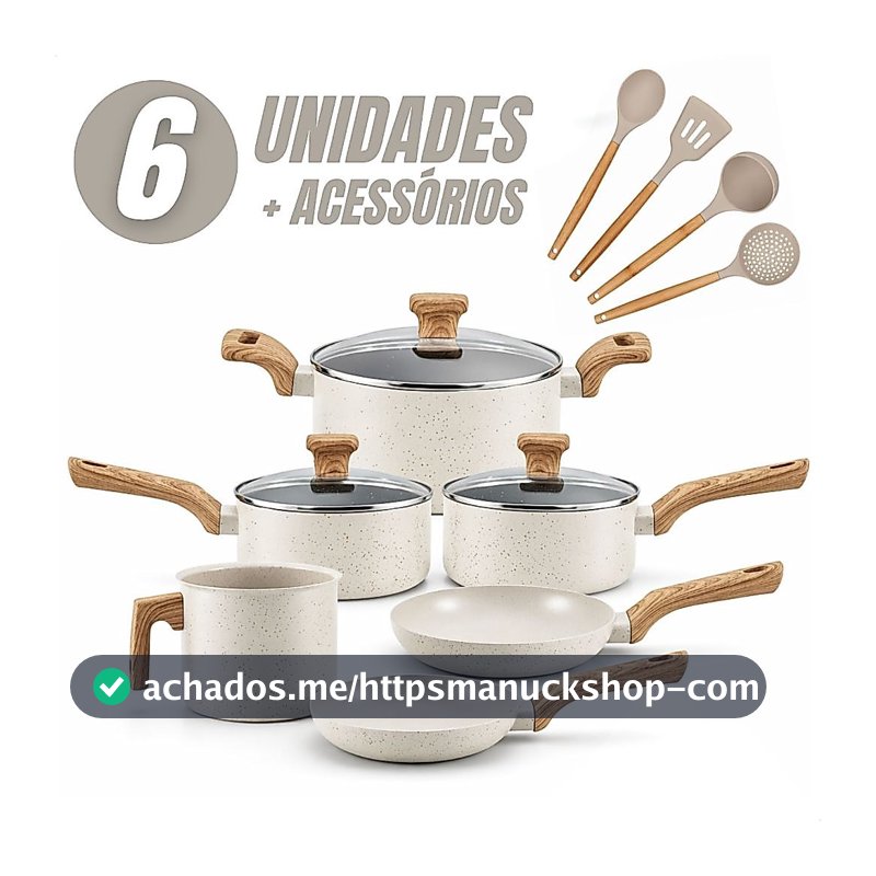 Jogo de Panelas 6 Peças Antiaderentes com Tampa de Vidro Temperada com 4 Utensílios de Cozinha