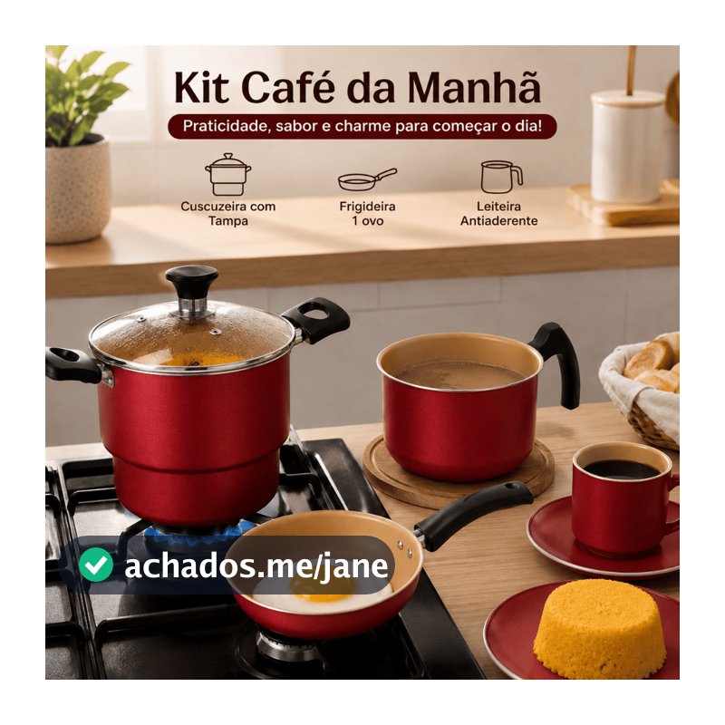 Kit Panelas Café da Manhã 3 Peças Cuscuzeira + Frigideira + Leiteira Antiaderente Cereja e Dourado
