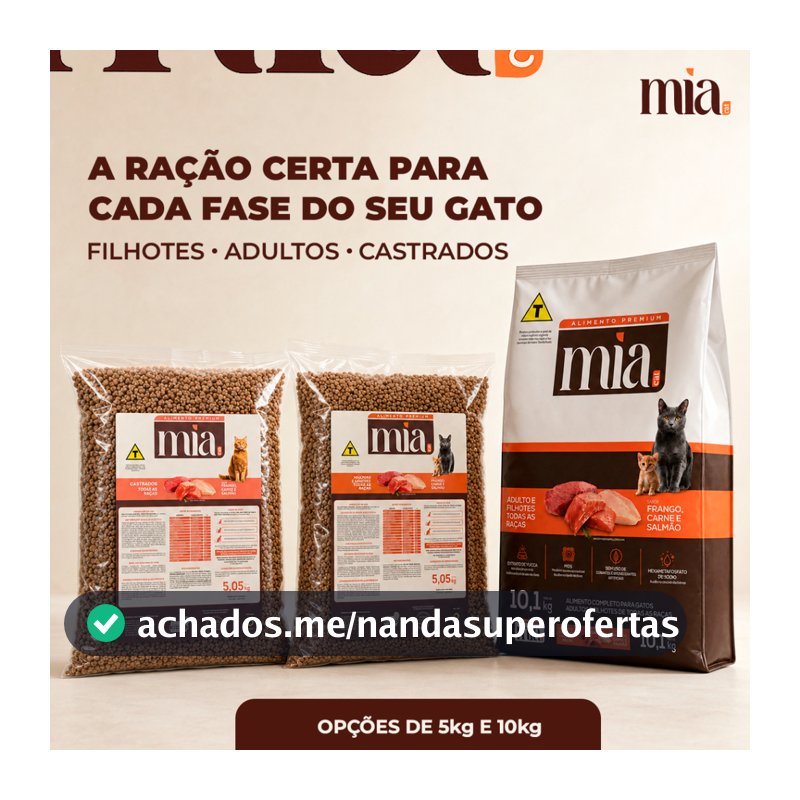 Ração Gato Filhote Adulto Castrados 10kg/5kg Mia Cat Sabor Carne Salmão e Frango Nível Proteína 27%