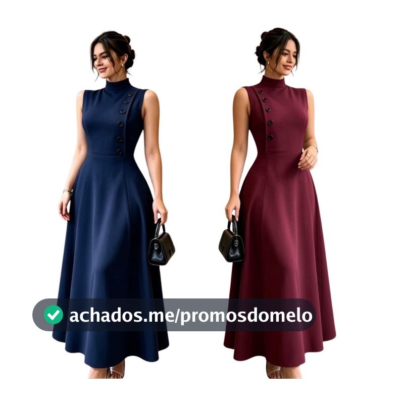 Vestido  Midi Social Feminino Alfaiataria com Botões Gola Alta para Festa e Formatura