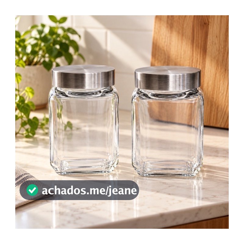 KIT COM 2 POTES DE VIDRO QUADRADO COM TAMPA HERMETICA DE INOX 300ML