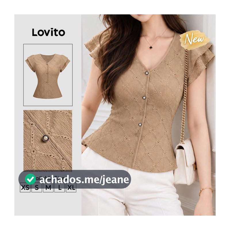 (New Arrival) Lovito Blusa Cáqui Elegante Feminina De Manga Curta Decote Em V Botões Frontais Jacquard E Babados Para Trabalho Na Primavera/verão BLB208P2D307