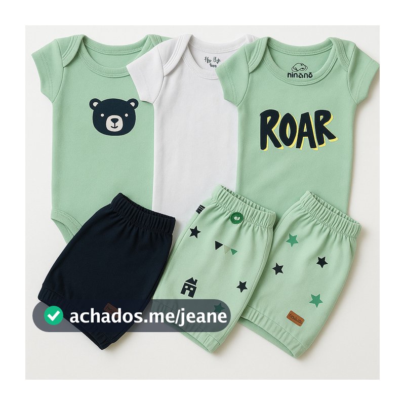 Conjunto 4 Peças Bebê Menino 2 Body Manga Curta + 2 Shorts Algodão Enxoval Maternidade