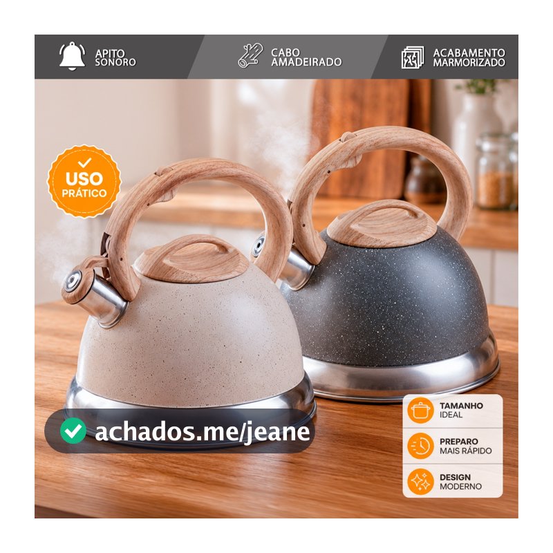 Chaleira Com Apito 3L Cabo Amadeirado Marmorizada Para Fogão