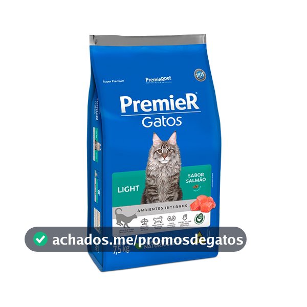 Ração Premier Ambientes Internos Light para Gatos Sabor Salmão - 7,5Kg