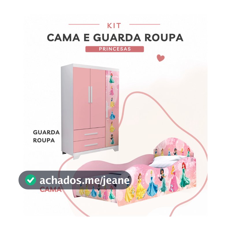 Conjunto Quarto Infantil Princesa Rosa Cama Segura e Guarda-Roupa em MDF