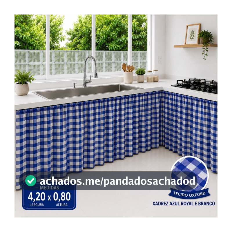 Cortina para pia Xadrez 4,20x0,80 Azul Cortininha Decoração cozinha bancada balcao cuba